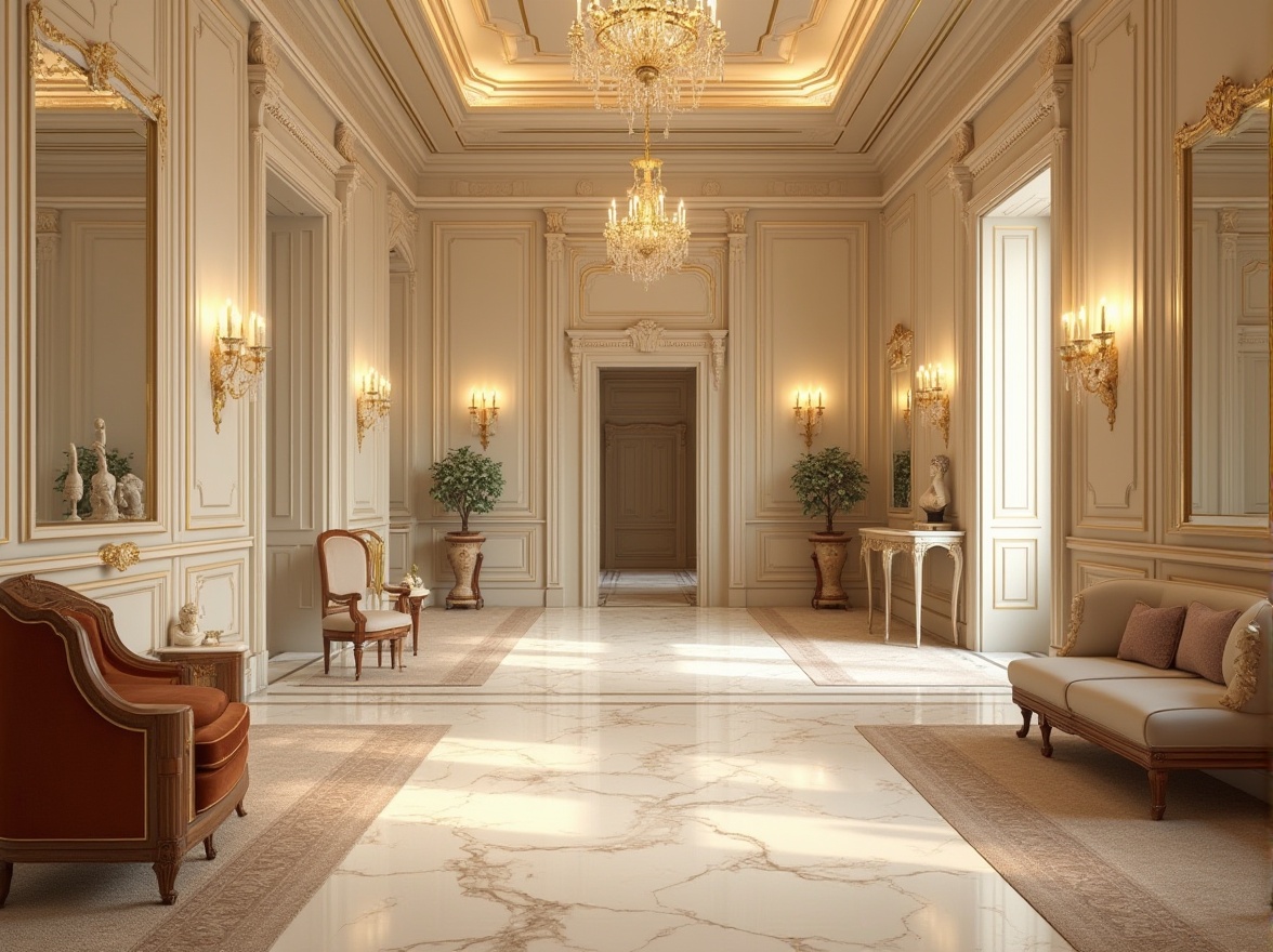 Prompt: Elegant neoclassical interior, cream marble floors, ornate gold accents, soft beige walls, rich walnut wood furniture, velvet upholstery, subtle patterned rugs, crystal chandeliers, warm candlelight, classical sculptures, ornate mirrors, subtle gradient colors, neutral background, 1/3 composition, shallow depth of field, realistic textures, ambient occlusion.