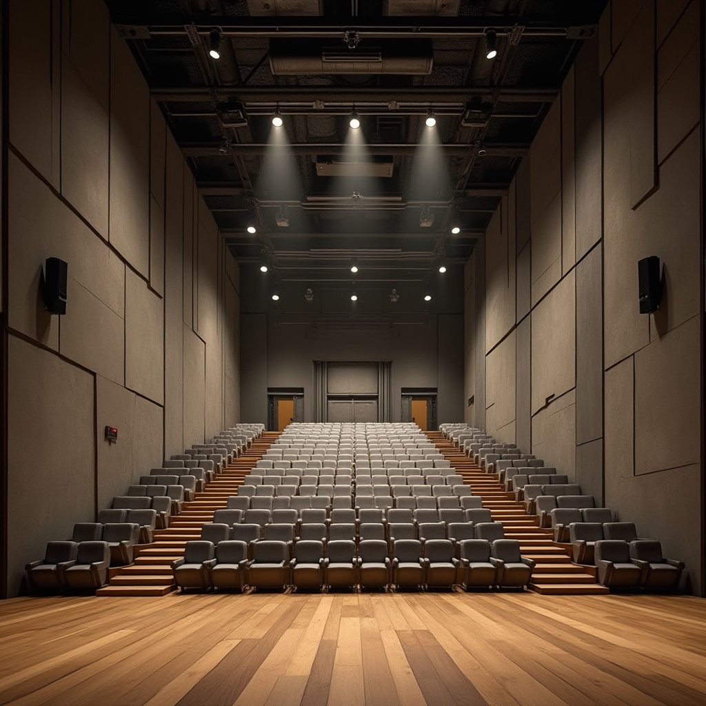 Prompt: Bauhaus-style auditorium, minimalist interior design, geometric shapes, industrial materials, exposed ductwork, concrete walls, steel beams, wooden floors, acoustic panels, sound-absorbing textiles, sleek metal chairs, modern lighting fixtures, functional layout, tiered seating, proscenium arch, dramatic spotlights, warm ambient glow, shallow depth of field, 2/3 composition, realistic textures, ambient occlusion.