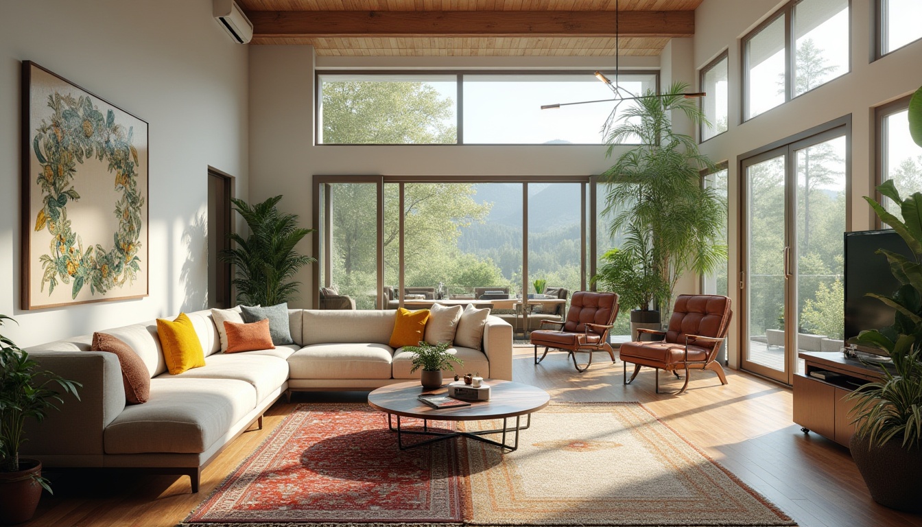 Prompt: Spacious open-plan living area, high ceilings, large windows, natural light, airy atmosphere, comfortable seating, plush sofas, modern coffee table, decorative rugs, vibrant artwork, greenery, potted plants, wooden flooring, warm color scheme, soft ambient lighting, 1/1 composition, shallow depth of field, realistic textures.