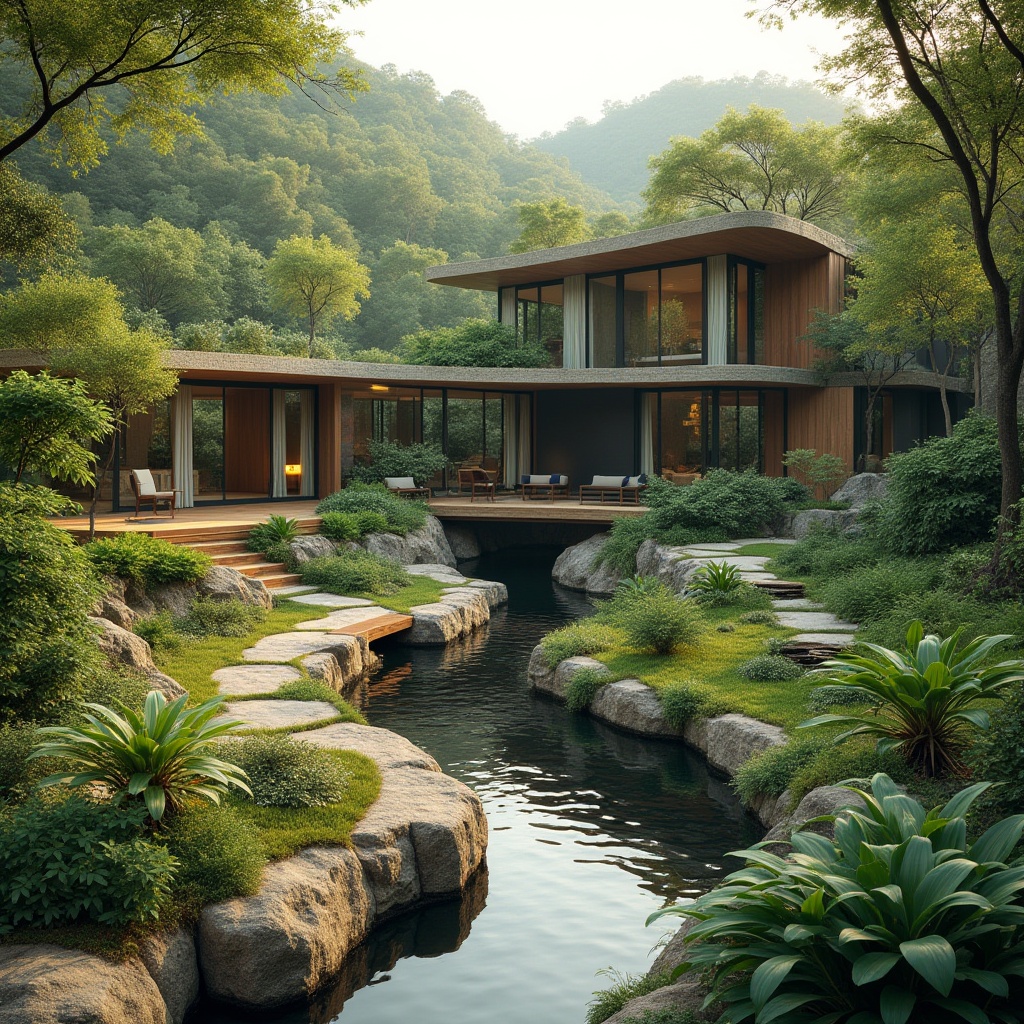 Prompt: Seamless landscape integration, lush greenery, winding water features, natural stone walls, wooden decking, meandering pathways, native plant species, eco-friendly materials, sustainable design, organic forms, curved lines, minimalist architecture, large windows, sliding glass doors, abundant natural light, soft warm ambiance, shallow depth of field, 1/1 composition, realistic textures, ambient occlusion.