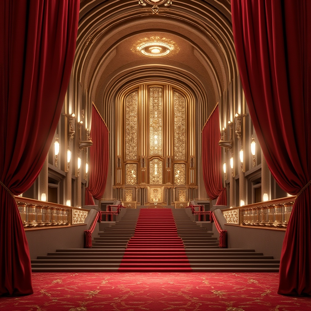 Prompt: Curved, Art Deco-inspired fa\u00e7ade, sleek metallic surfaces, bold geometric patterns, grand entranceways, ornate details, lavish chandeliers, rich velvet curtains, opulent auditoriums, majestic stages, dramatic spotlights, soft warm lighting, 1/1 composition, symmetrical framing, shallow depth of field, realistic reflections, ambient occlusion, luxurious textures, vibrant red carpets, golden accents, marble columns, grand staircases, sweeping arches.