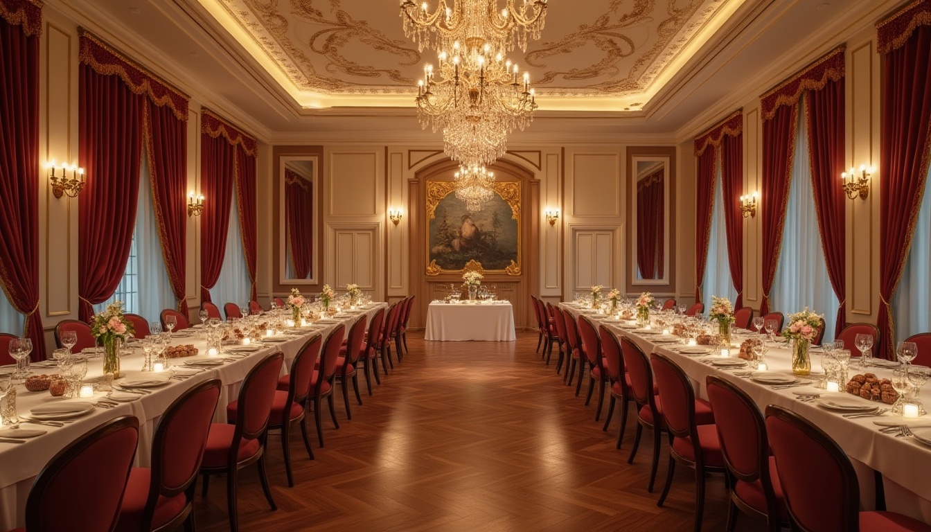 Prompt: Elegant dining hall, luxurious velvet drapes, rich wooden flooring, ornate chandeliers, sophisticated neutral tones, warm beige walls, soft cream ceiling, lavish golden accents, refined burgundy upholstery, crisp white linens, sparkling crystal glassware, romantic candlelight, intimate atmosphere, shallow depth of field, 1/1 composition, realistic textures, ambient occlusion.