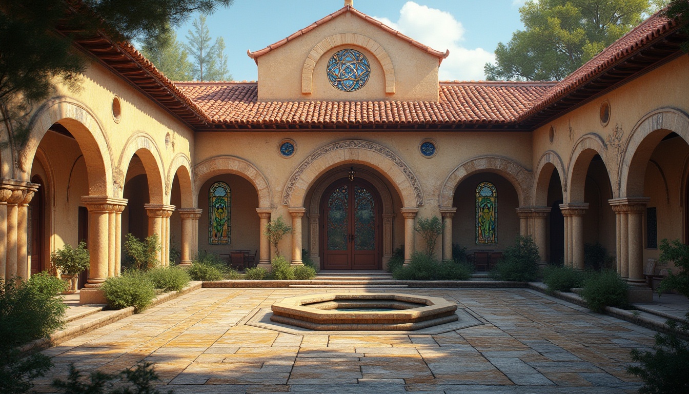 Prompt: Rustic monastery architecture, curved tile roofs, ornate stone carvings, vibrant stained glass windows, intricately patterned ceramic tiles, peaceful courtyard gardens, serene water features, natural stone walls, wooden beam ceilings, grand entrance archways, regional inspired fa\u00e7ades, earthy color palette, warm soft lighting, shallow depth of field, 1/1 composition, realistic textures, ambient occlusion.