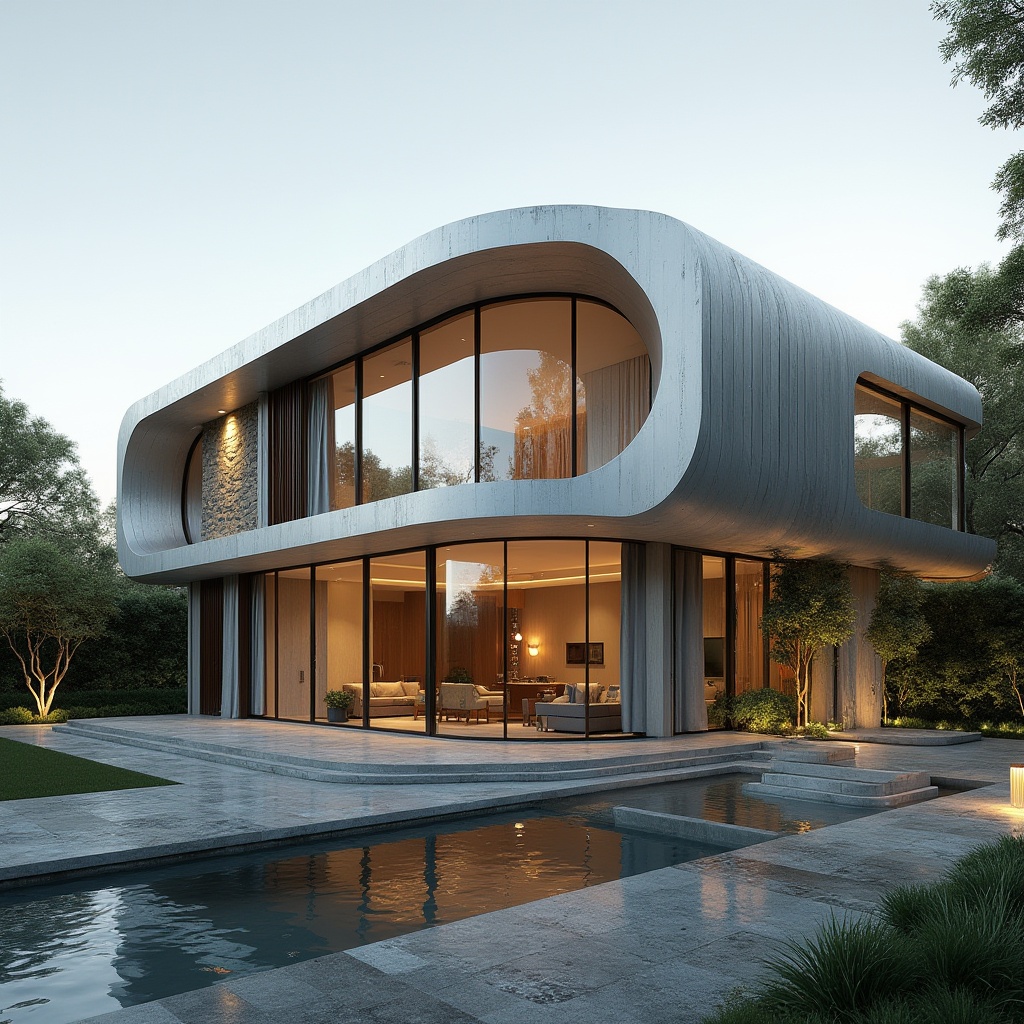 Prompt: Curved villa facade, streamlined modern architecture, sleek metal cladding, large floor-to-ceiling windows, sliding glass doors, minimalist ornamentation, neutral color palette, natural stone accents, vertical green walls, water feature, serene outdoor space, warm ambient lighting, shallow depth of field, 1/1 composition, realistic reflections, soft focus effect.