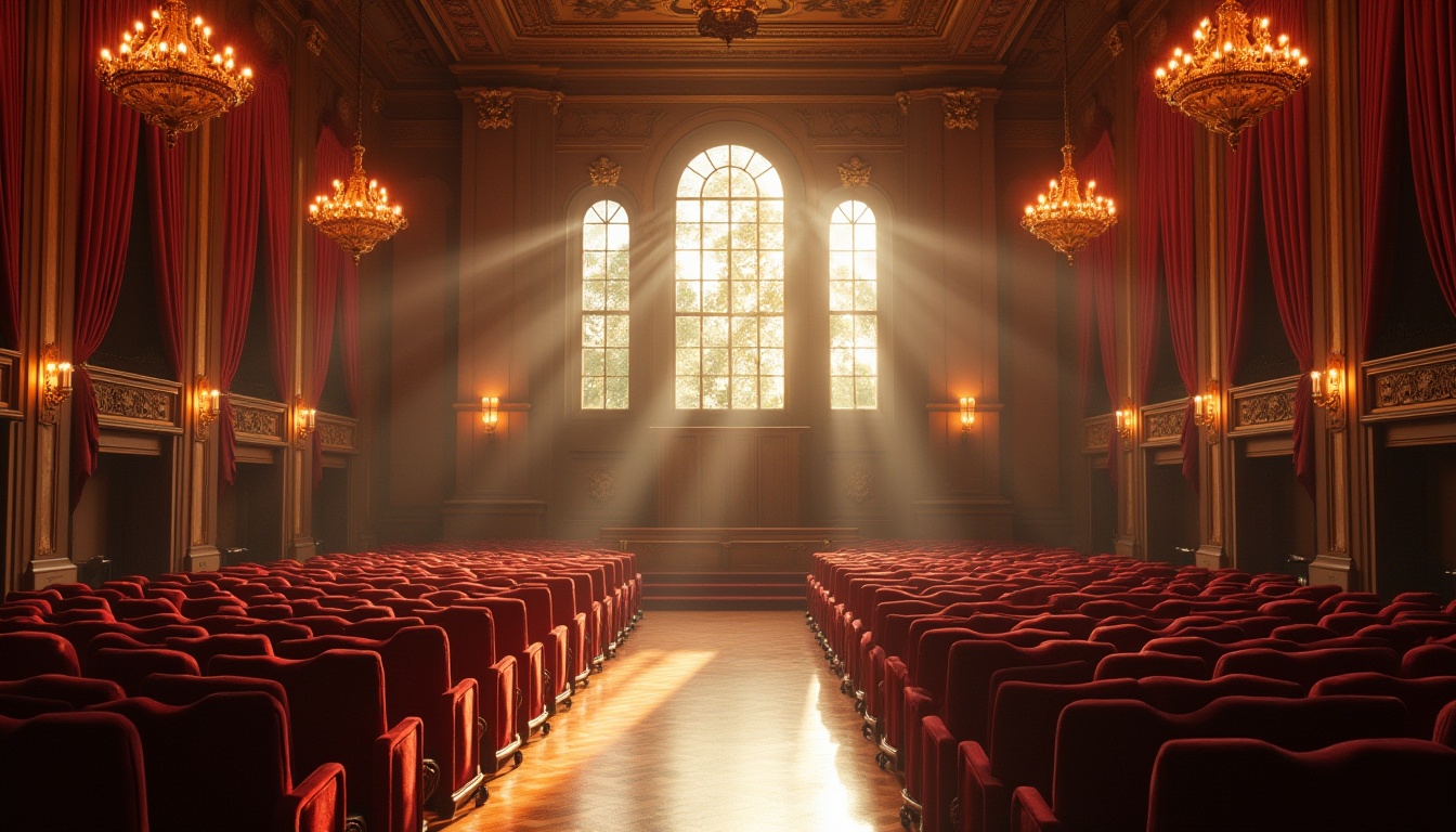 Prompt: Grand auditorium, high ceilings, ornate chandeliers, velvet curtains, plush seating, wooden paneling, natural stone walls, large windows, soft diffused lighting, warm golden tones, afternoon sunbeams, gentle shadows, 3/4 composition, shallow depth of field, realistic textures, ambient occlusion.