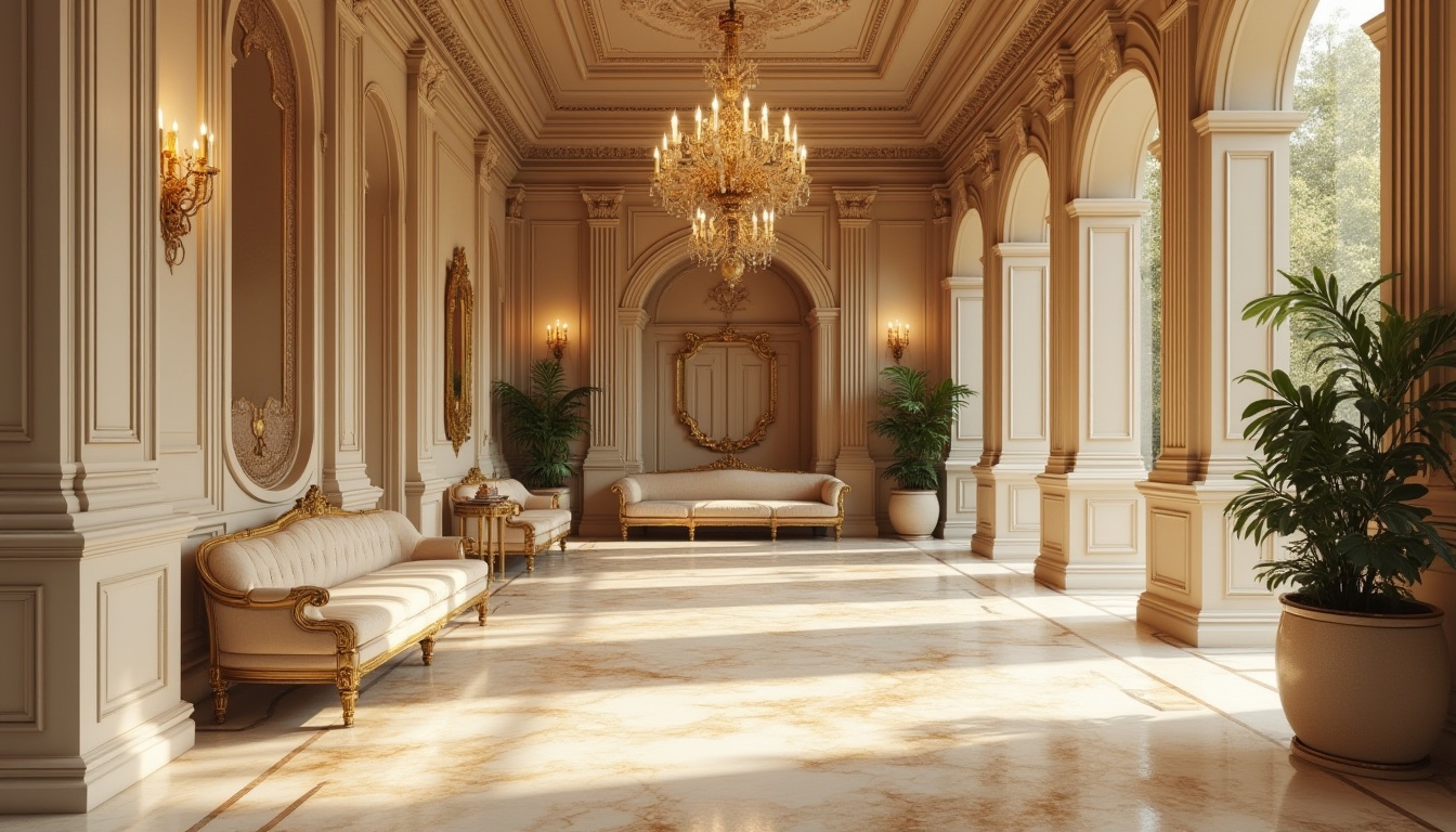 Prompt: Elegant neoclassical interior, rich wood tones, cream marble floors, ornate gold moldings, soft velvet fabrics, muted earthy colors, beige walls, subtle warm lighting, intricate carved details, refined classical proportions, symmetrical composition, grandiose chandeliers, luxurious drapery, subtle texture contrasts, delicate pattern accents.