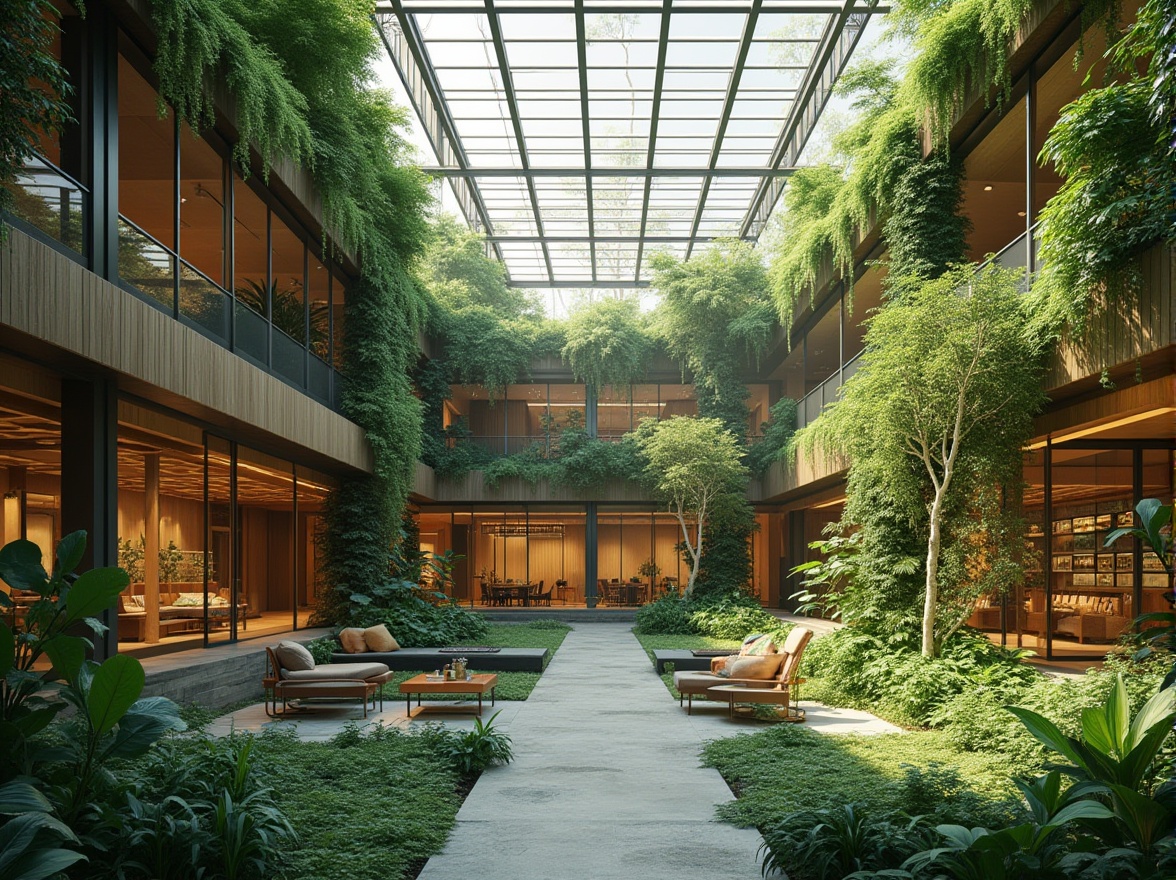 Prompt: Green roof, lush vegetation, natural materials, wooden accents, large windows, operable glass doors, clerestory windows, solar chimneys, wind catchers, atrium spaces, open floor plans, minimal obstacles, unobstructed airflow, high ceilings, exposed ductwork, metal grilles, suspended canopies, shading devices, overhangs, vertical green walls, living walls, bio-climatic design, passive ventilation strategies, cross ventilation, stack effect, natural convection, soft diffused lighting, warm earthy tones, organic shapes, harmonious balance, serene ambiance.