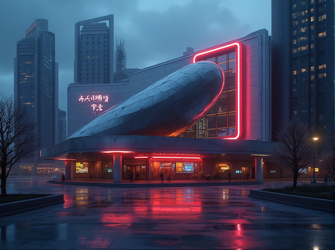 Prompt: Futuristic cinema complex, sleek metallic facade, neon lights, glowing signage, high-tech equipment, curved LED screens, geometric patterns, minimalist lines, avant-garde architecture, urban cityscape, evening atmosphere, moody lighting, shallow depth of field, 2/3 composition, cinematic color grading, realistic reflections, ambient occlusion.