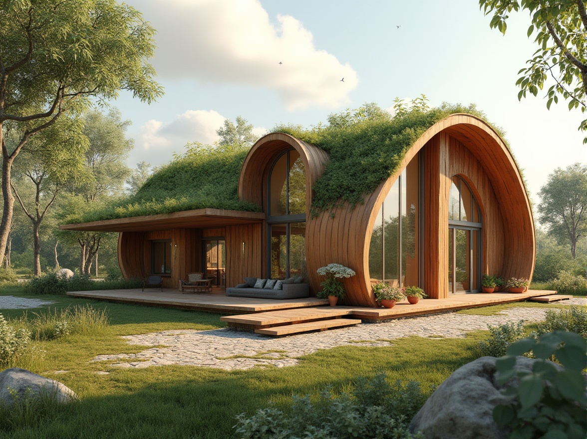 Prompt: Eco-friendly building, reclaimed wood, low-carbon concrete, recycled metal, sustainable insulation, green roofs, living walls, solar panels, wind turbines, rainwater harvesting systems, natural ventilation, passive design, energy-efficient glazing, FSC-certified timber, bamboo flooring, cork insulation, straw bale construction, earthship architecture, organic shapes, curvaceous lines, natural materials palette, warm earthy tones, abundant daylight, soft diffused lighting, 1/1 composition, realistic textures, ambient occlusion.