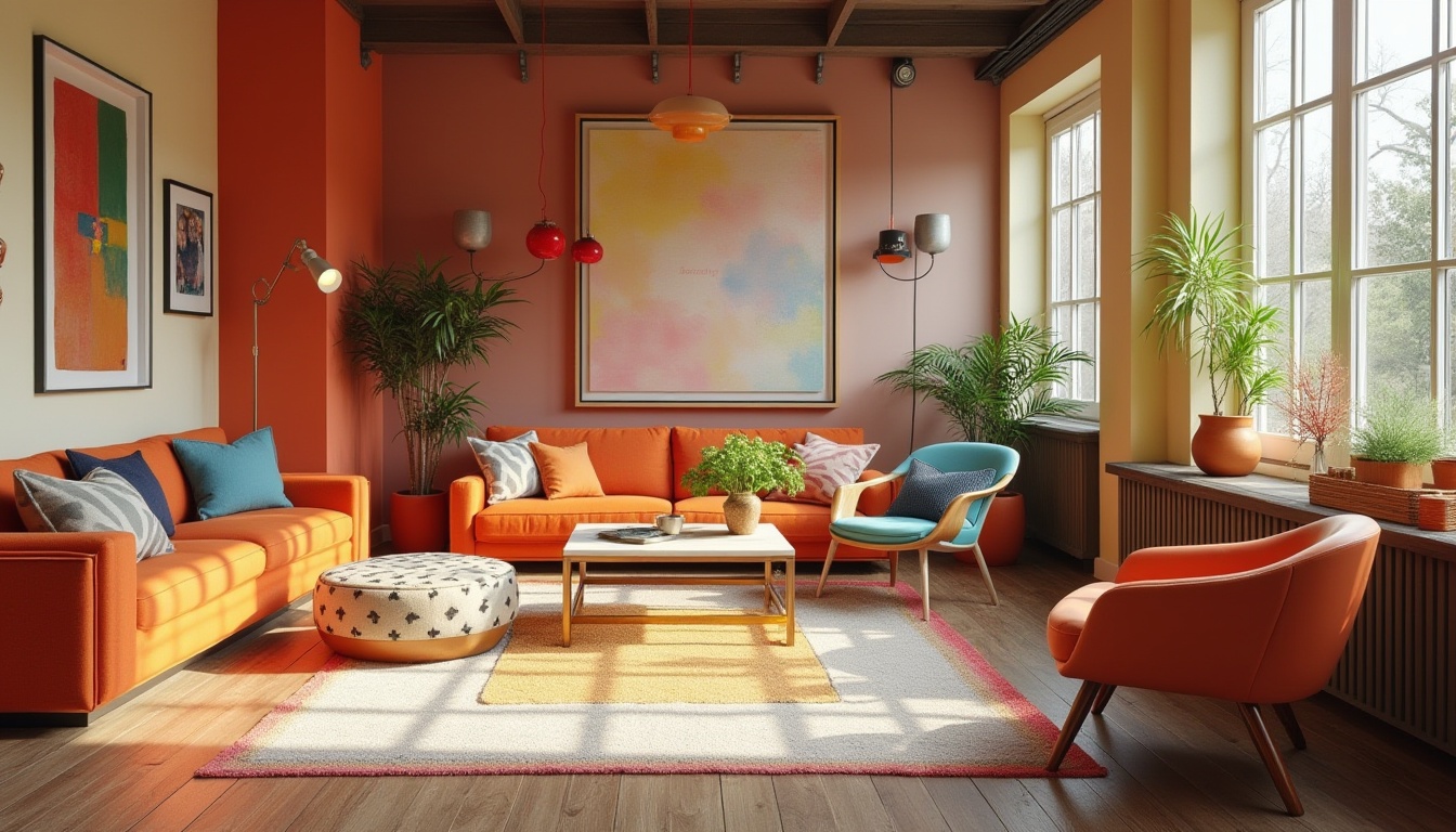 Prompt: Vibrant artistic studio, eclectic furniture, bold color blocking, contrasting textures, abstract artwork, modern lighting fixtures, sleek metal accents, rich wood tones, creamy pastel hues, warm golden lighting, shallow depth of field, 1/1 composition, realistic renderings, ambient occlusion, soft focus effect.