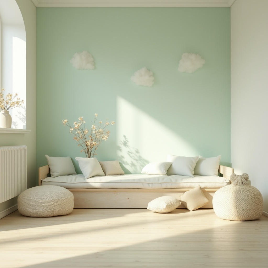 Prompt: Pastel mint walls, soft cream accents, natural wood furniture, minimalist decor, calming atmosphere, serene ambiance, warm beige flooring, subtle texture contrasts, delicate pattern details, elegant simplicity, modern Scandinavian design, airy open spaces, abundant natural light, gentle shadows, 1/1 composition, shallow depth of field, realistic reflections, ambient occlusion.