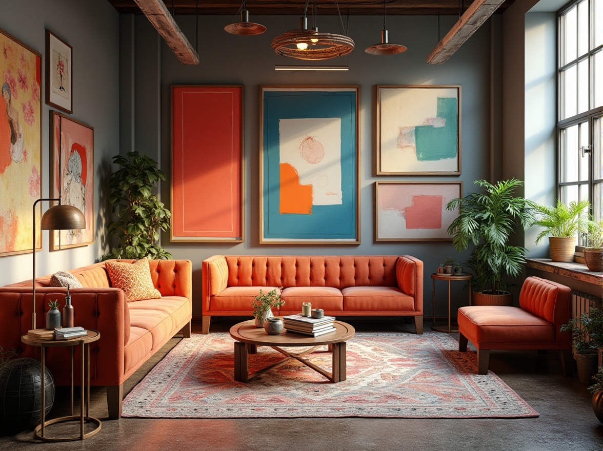 Prompt: Vibrant art studio, modern interior design, eclectic furniture, abstract artwork, bold color blocking, contrasting textures, industrial chic decor, reclaimed wood accents, metal lighting fixtures, geometric patterns, bohemian-inspired rugs, natural light pouring in, soft warm glow, 1/1 composition, realistic rendering, ambient occlusion.