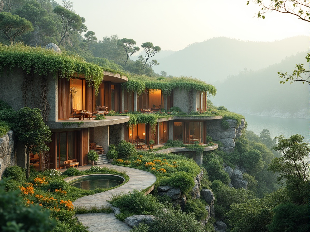 Prompt: Harmonious building integration, lush green roofs, vibrant flower beds, natural stone walls, curved lines, organic forms, seamless transitions, panoramic views, misty morning atmosphere, soft warm lighting, shallow depth of field, 3/4 composition, symmetrical balance, eco-friendly materials, sustainable design principles, minimal visual impact, blending with surroundings, scenic vistas, rolling hills, serene lakeside, rustic wooden accents, earthy tones, weathered stone textures.