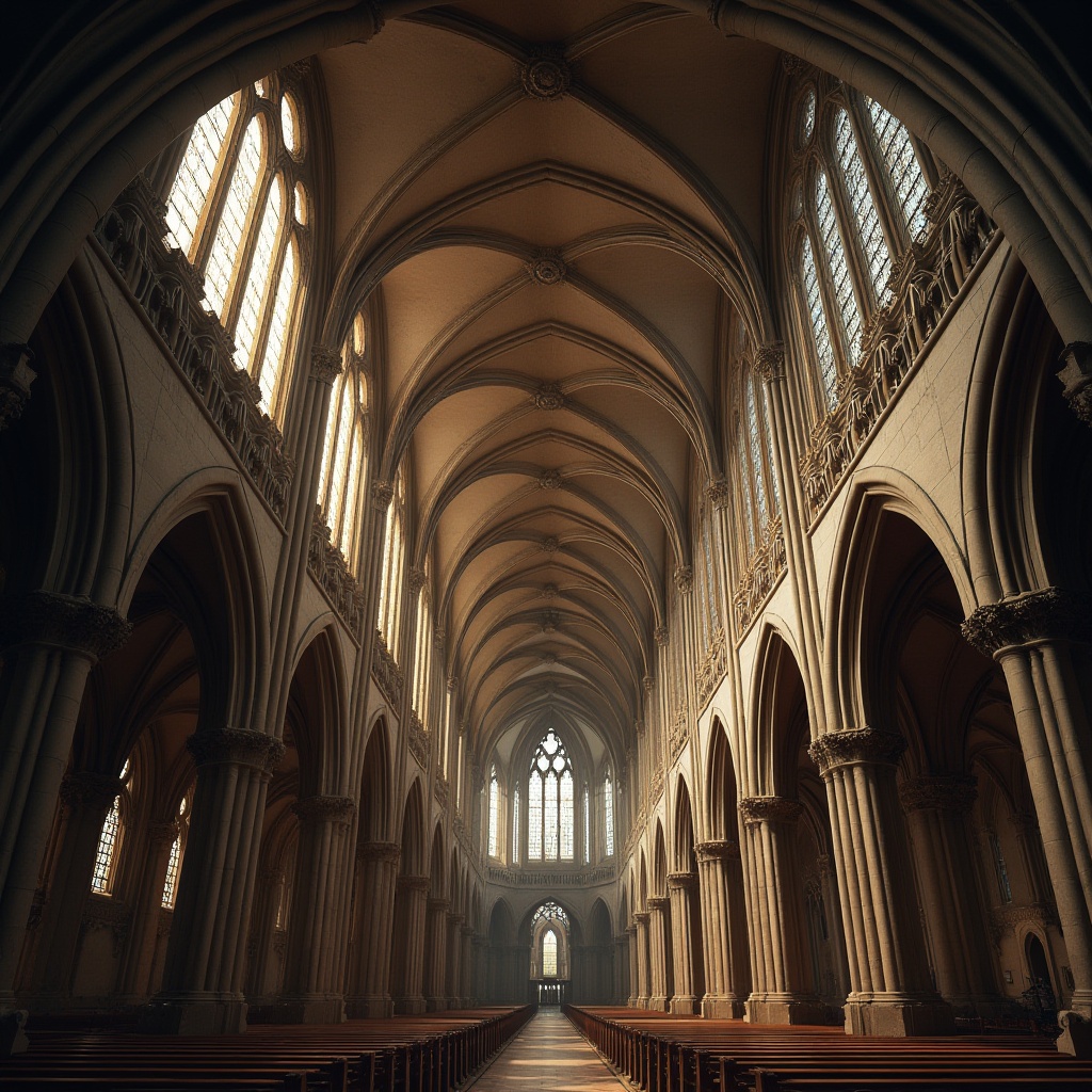 Prompt: Vaulted ceilings, ribbed arches, flying buttresses, ornate tracery, stained glass windows, grandiose entranceways, towering spires, intricate stone carvings, pointed arches, clerestory windows, rose windows, gothic columns, rib vaults, chapels, naves, apses, triforium, ambulatory, cloisters, mystical ambiance, soft warm lighting, high contrast, dramatic shadows, detailed textures, realistic materials, atmospheric perspective.