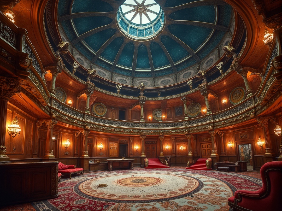 Prompt: Ornate planetarium, renaissance-inspired architecture, intricately carved wooden panels, gilded details, celestial-themed frescoes, ornamental clockwork mechanisms, Baroque-style chandeliers, grandiose domed ceiling, star-studded night sky, soft warm lighting, shallow depth of field, 3/4 composition, realistic textures, ambient occlusion, richly patterned carpets, lavish velvet drapes, antique astronomical instruments, ancient navigational charts, mystical astrological symbols, intricate marble inlays, opulent furnishings, majestic entranceways.