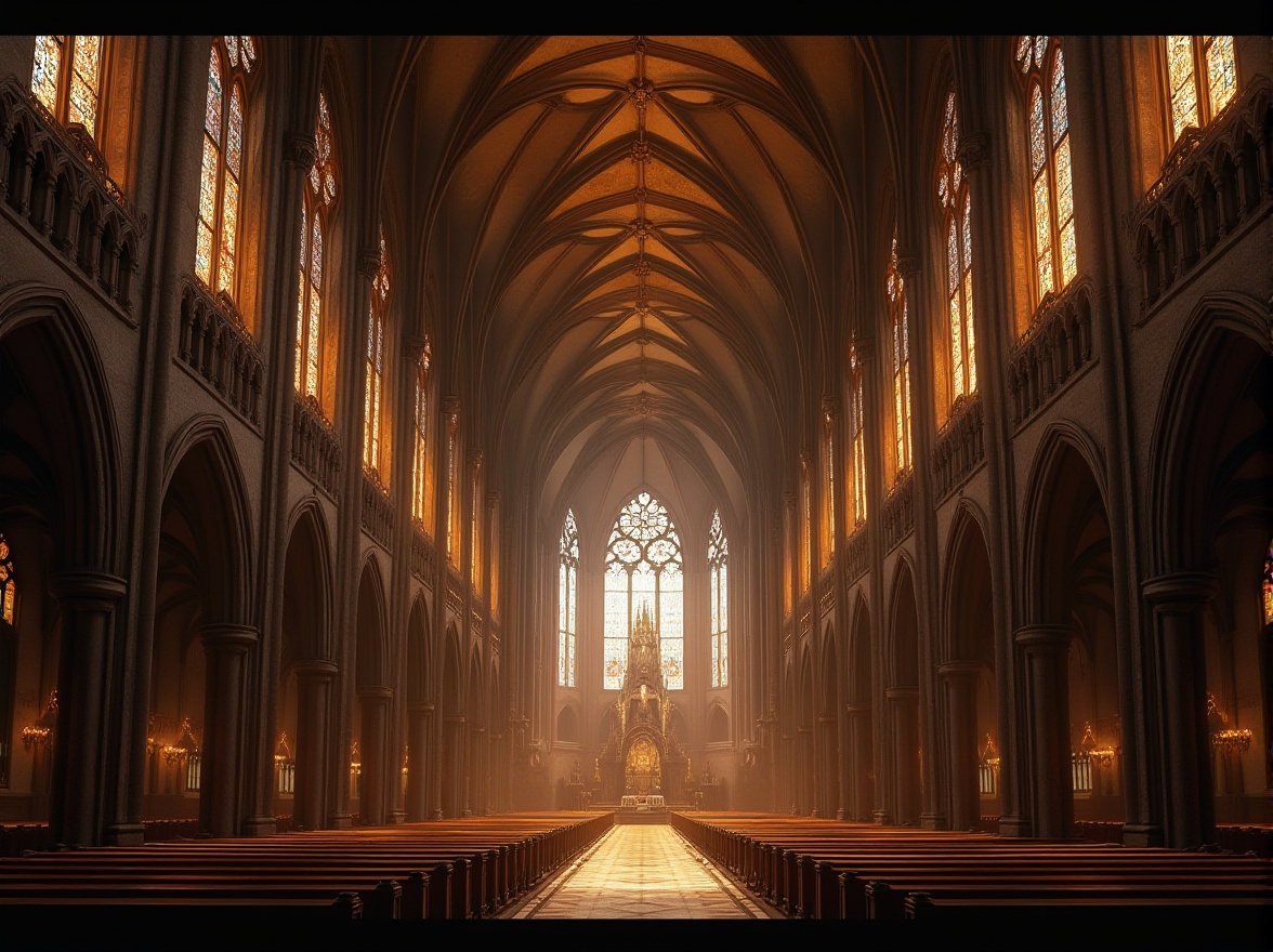 Prompt: Grand cathedral, vaulted ceilings, ribbed arches, stained glass windows, intricately carved stone walls, ornate pinnacles, flying buttresses, dramatic height, atmospheric lighting, warm golden tones, mystical ambiance, ancient architecture, Gothic Revival style, pointed arches, trefoil motifs, quadrilateral patterns, lavish decorations, mysterious shadows, high contrast ratio, cinematic composition, symmetrical framing, rich textures.