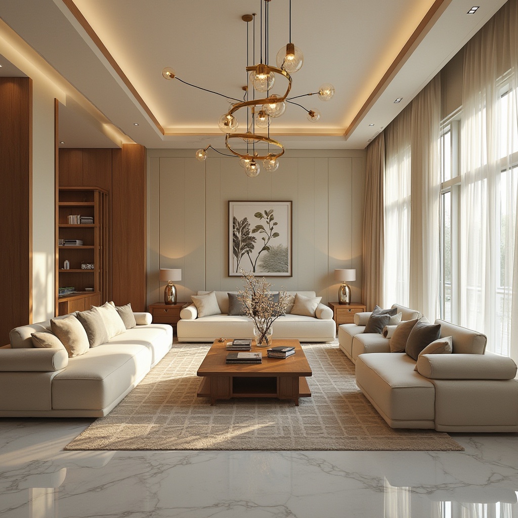 Prompt: Luxurious living room, plush sofas, wooden coffee tables, modern chandeliers, cream-colored walls, marble flooring, soft warm lighting, shallow depth of field, 3/4 composition, panoramic view, realistic textures, ambient occlusion, cozy reading nooks, floor-to-ceiling windows, nature-inspired artwork, geometric patterned rugs, metallic accents, minimalist decor, functional storage solutions, ergonomic furniture design.