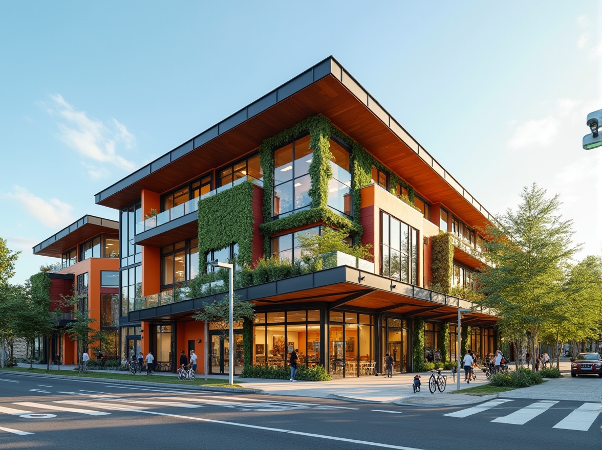 Prompt: Vibrant community center facade, modern angular lines, bold color schemes, glass curtain walls, metal cladding, cantilevered roofs, inviting entranceways, wheelchair-accessible ramps, natural stone accents, lush green walls, vertical gardens, sunny day, soft warm lighting, shallow depth of field, 3/4 composition, panoramic view, realistic textures, ambient occlusion, urban context, bustling streets, pedestrian walkways, bike lanes, street furniture, community art installations.