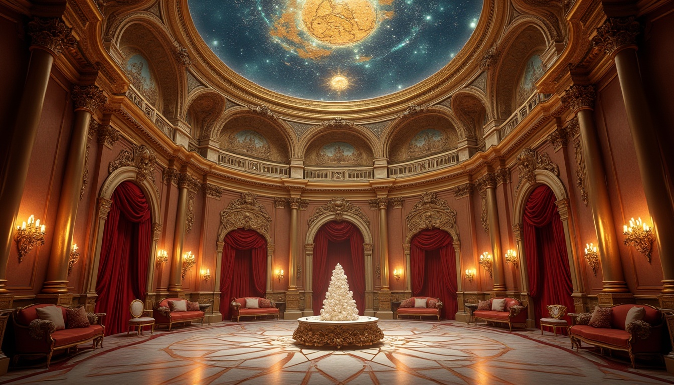 Prompt: Baroque planetarium dome, ornate gold filigree, intricate fresco ceilings, grandiose chandeliers, celestial map projections, starry night sky, luxurious velvet drapes, regal throne-like seating, richly polished marble floors, Rococo-inspired furnishings, opulent crystal clusters, lavish stucco decorations, dramatic spot lighting, high-contrast shading, cinematic atmosphere, 1/1 composition, symmetrical framing, warm golden color palette, atmospheric glow effects.