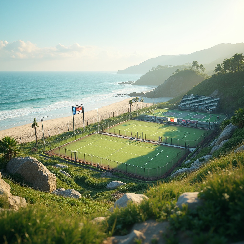 Prompt: Serene coastal scenery, lush green grass, sandy beach edges, modern sports facilities, tennis courts, basketball courts, soccer fields, athletic tracks, bleacher seats, scoreboard displays, ocean views, sea breeze, sunny day, soft warm lighting, shallow depth of field, 3/4 composition, panoramic view, realistic textures, ambient occlusion, natural rock formations, driftwood accents, nautical-themed decorations, vibrant colorful signage, safety fencing, eco-friendly irrigation systems.