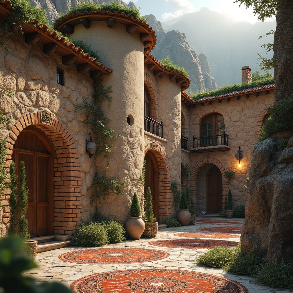 Prompt: Earthy tone regionalist building, rugged stone walls, curved lines, rustic wooden accents, ornate metal decorations, colorful ceramic tiles, intricately patterned rugs, warm golden lighting, cozy niches, natural ventilation systems, lush green roofs, scenic mountain views, misty atmosphere, soft focus, 1/2 composition, realistic textures, ambient occlusion.