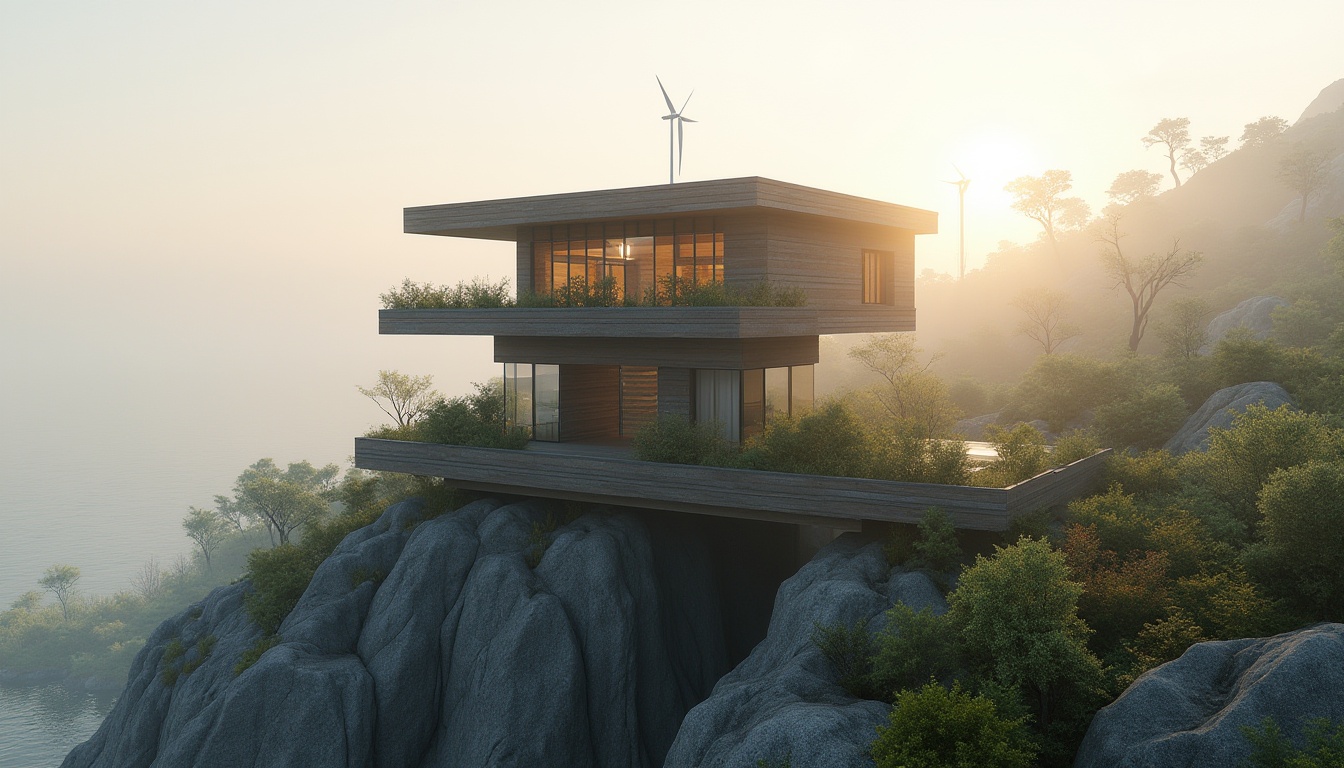 Prompt: Watchtower with sustainable materials, wooden accents, recycled metal cladding, green roofs, living walls, solar panels, wind turbines, eco-friendly insulation, natural stone foundations, minimalist design, angular lines, modern architecture, panoramic views, misty mornings, soft warm lighting, shallow depth of field, 3/4 composition, realistic textures, ambient occlusion.