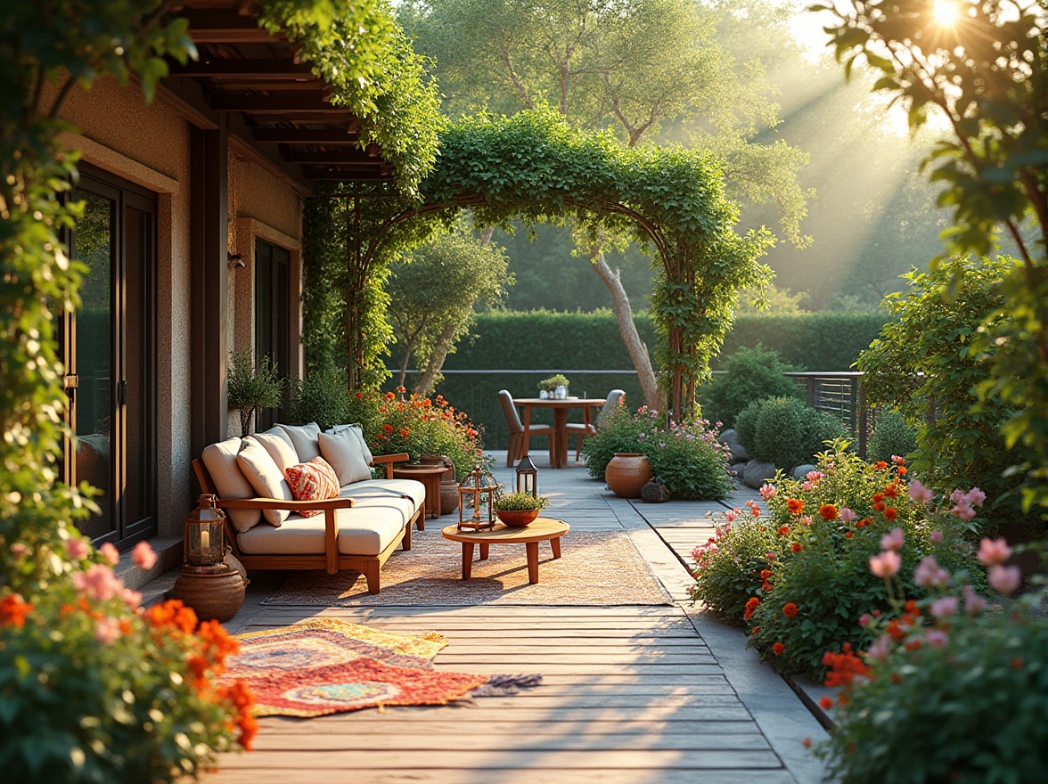 Prompt: Vibrant garden patio, lush greenery, blooming flowers, comfortable outdoor furniture, decorative lanterns, natural stone pathways, wooden decking, modern pergola, sunny day, soft warm lighting, shallow depth of field, 3/4 composition, panoramic view, realistic textures, ambient occlusion, tranquil water features, soothing sound effects, fragrant scented plants, colorful patterned rugs, cozy throw pillows.