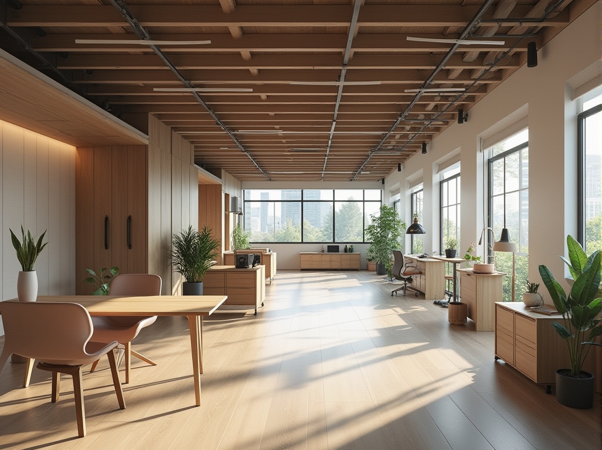 Prompt: Modern office interior, open-plan workspace, collaborative zones, ergonomic furniture, minimalist decor, natural materials, wooden accents, glass partitions, flexible layouts, acoustic panels, recessed lighting, soft pastel colors, calm atmosphere, 1/1 composition, shallow depth of field, realistic textures, ambient occlusion.