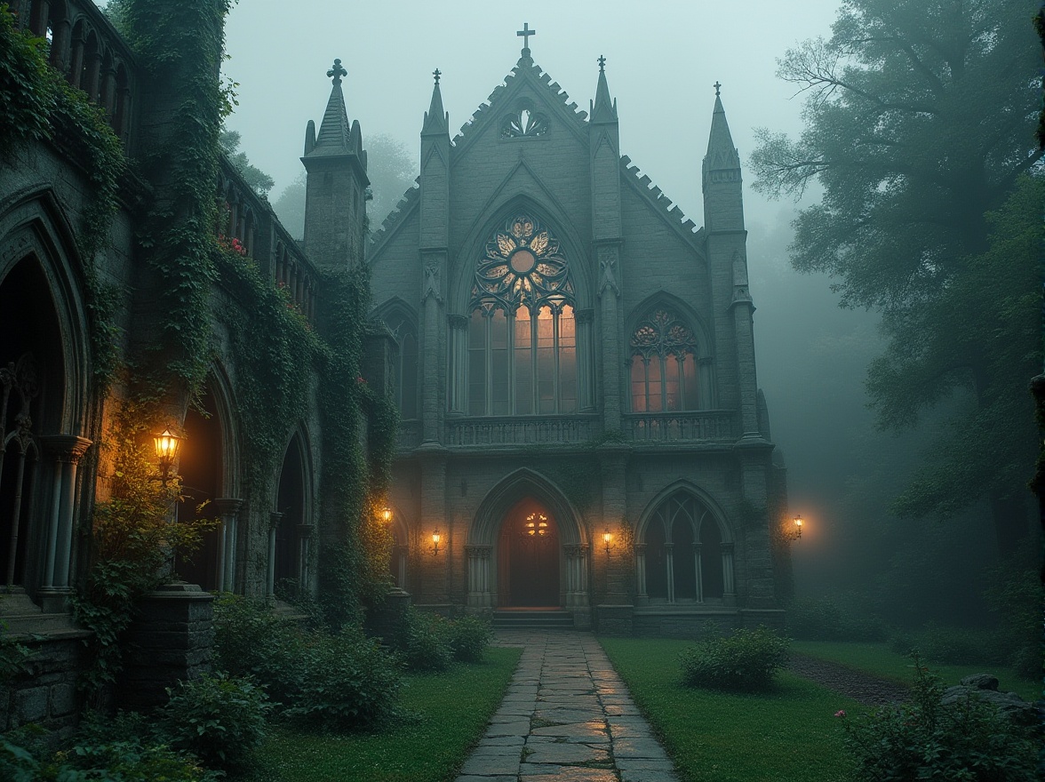 Prompt: Mysterious Gothic cathedral, grandiose stone fa\u00e7ade, stained glass windows, intricate carvings, ornate sculptures, lush greenery, overgrown vines, mystical fog, misty morning, soft warm lighting, atmospheric perspective, dramatic shadows, eerie ambiance, ruined arches, crumbling walls, abandoned chapels, mysterious artifacts, ancient relics, moss-covered statues, forgotten gardens, secret passageways, winding staircases, grand halls, vaulted ceilings.