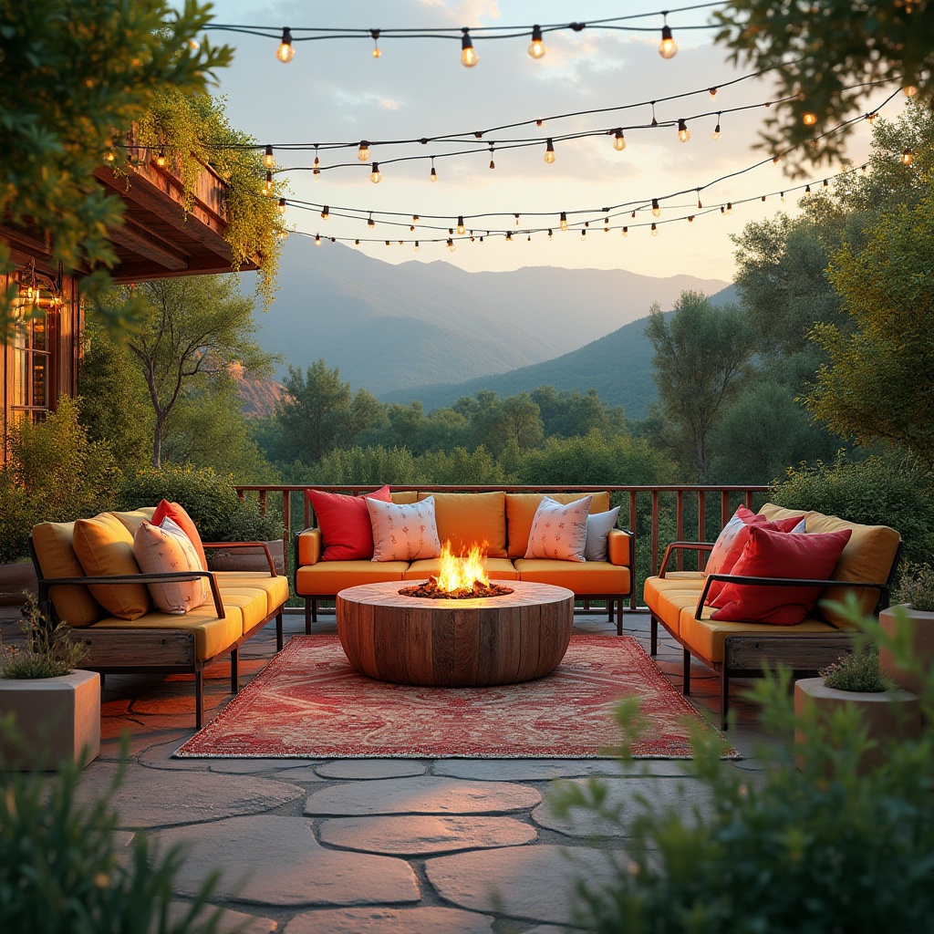 Prompt: Vibrant outdoor lounge, lush greenery, modern patio furniture, colorful throw pillows, rustic wooden accents, natural stone flooring, warm string lighting, cozy fire pit, scenic mountain views, sunny afternoon, soft warm breeze, shallow depth of field, 3/4 composition, panoramic view, realistic textures, ambient occlusion.