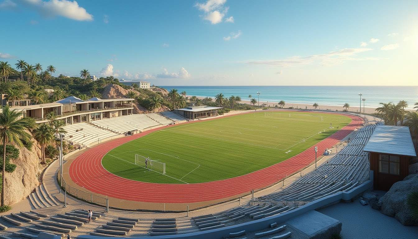 Prompt: Seaside sports complex, ocean views, sandy beaches, coastal breezes, modern athletic facilities, sleek metal bleachers, vibrant green grass, track and field events, soccer goals, tennis courts, beach volleyball nets, ocean-inspired architecture, wave-shaped buildings, nautical-themed decorations, driftwood accents, seaside promenades, scenic lookout points, saltwater-resistant materials, tropical palm trees, sunny clear skies, warm golden lighting, shallow depth of field, 3/4 composition, panoramic view, realistic textures, ambient occlusion.