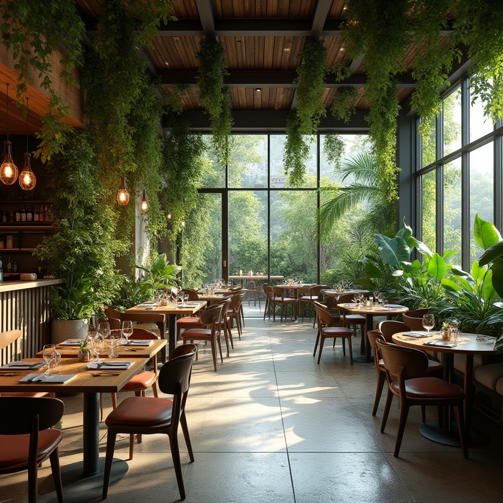 Prompt: Vibrant restaurant interior, lush green walls, living trees, natural stone floors, reclaimed wood accents, floor-to-ceiling windows, panoramic views, serene outdoor courtyard, water features, tropical plants, modern minimalist decor, industrial chic lighting, cozy seating areas, earthy color palette, organic textures, 3/4 composition, shallow depth of field, soft warm lighting, realistic ambiance.