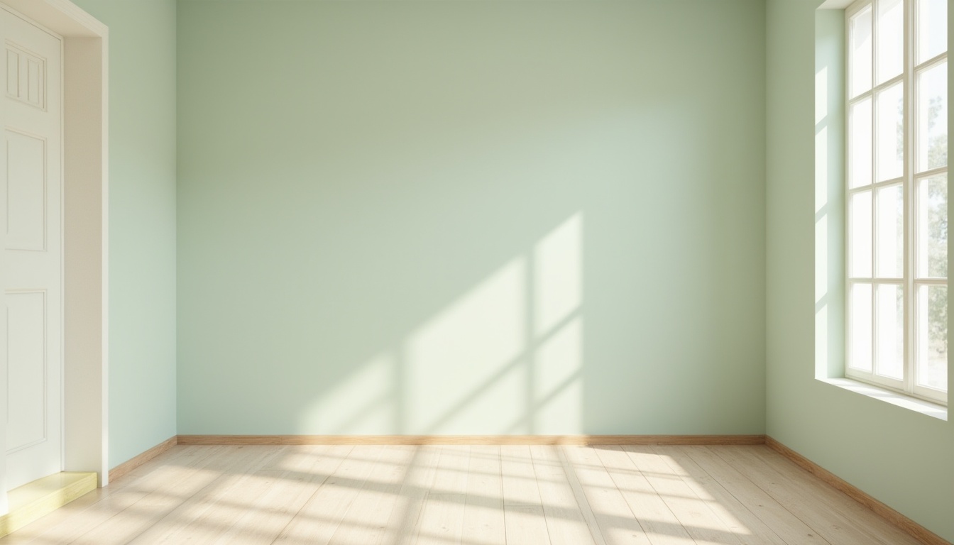 Prompt: Pastel mint walls, creamy white trim, warm beige floors, natural wood accents, minimalist decor, soft diffused lighting, calming atmosphere, serene ambiance, refreshing color scheme, soothing visual experience, elegant typography, subtle textures, delicate patterns, gentle contrast, harmonious composition, shallow depth of field, 1/1 aspect ratio, realistic renderings.