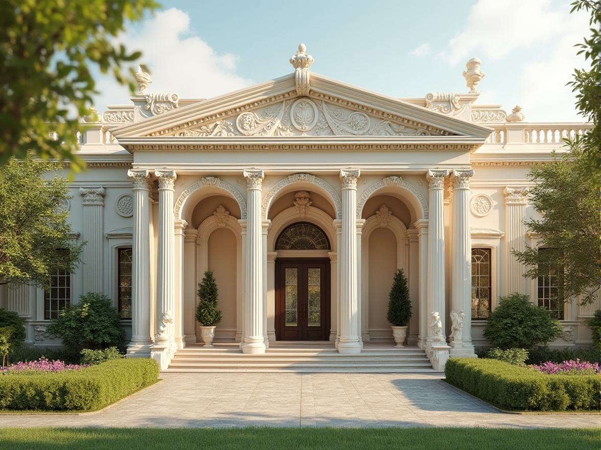 Prompt: Elegant neoclassical facade, ornate columns, intricately carved stonework, grand entranceways, symmetrical architecture, soft cream-colored walls, decorative cornices, pilasters, classical pediments, lush greenery, blooming flowers, manicured lawns, sunny day, warm golden lighting, shallow depth of field, 1/1 composition, realistic textures, ambient occlusion, subtle color grading.