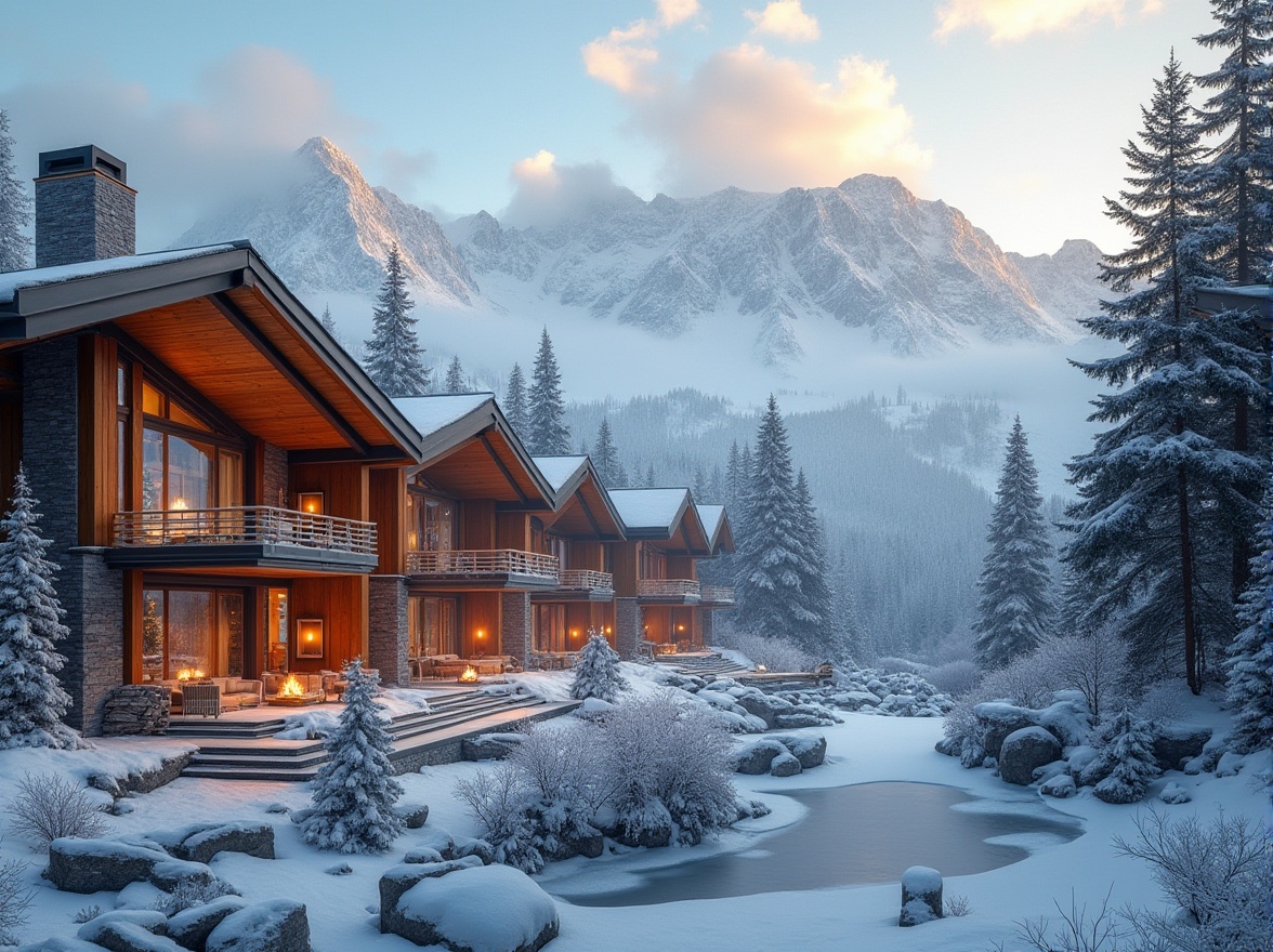 Prompt: Snow-capped mountains, frosty air, rustic wooden fa\u00e7ades, exposed stone walls, metallic accents, sleek glass surfaces, cantilevered roofs, minimalist design, functional simplicity, cozy fireplaces, warm lighting, earthy color palette, natural textiles, woven fibers, chunky wood furniture, modern ski lifts, snowy terrain, frozen lakes, pine tree forests, morning mist, soft warm lighting, shallow depth of field, 2/3 composition, panoramic view, realistic textures, ambient occlusion.