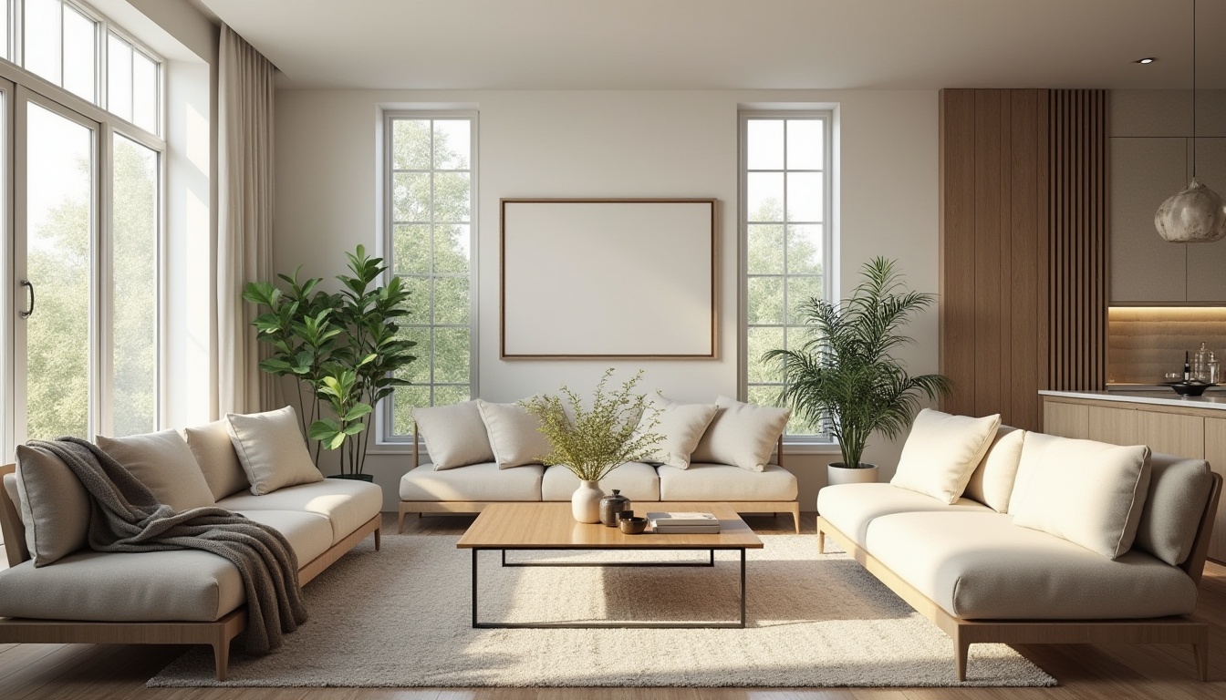 Prompt: Spacious living room, high ceilings, large windows, natural light, minimalist decor, sleek lines, wooden floors, cozy throw blankets, comfortable sofas, modern coffee tables, decorative vases, greenery plants, soft warm lighting, 1/1 composition, shallow depth of field, realistic textures, ambient occlusion.