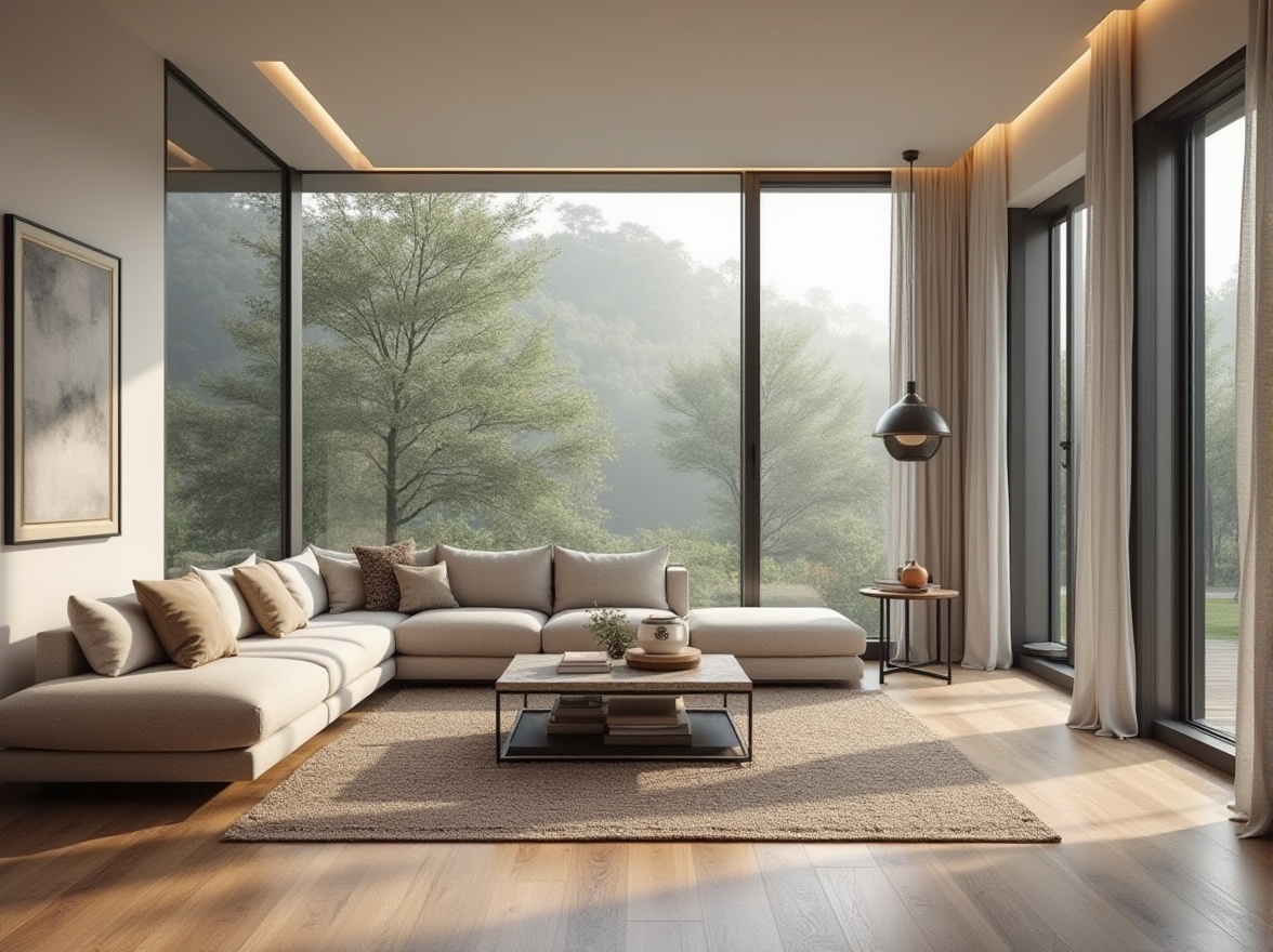 Prompt: Minimalist living room, neutral color palette, sleek furniture, ample natural light, large windows, sliding glass doors, polished wooden floors, comfortable seating areas, geometric patterns, textured rugs, modern lighting fixtures, subtle ambient illumination, 1/1 composition, shallow depth of field, soft warm glow, inviting atmosphere, functional layout, optimized traffic flow.