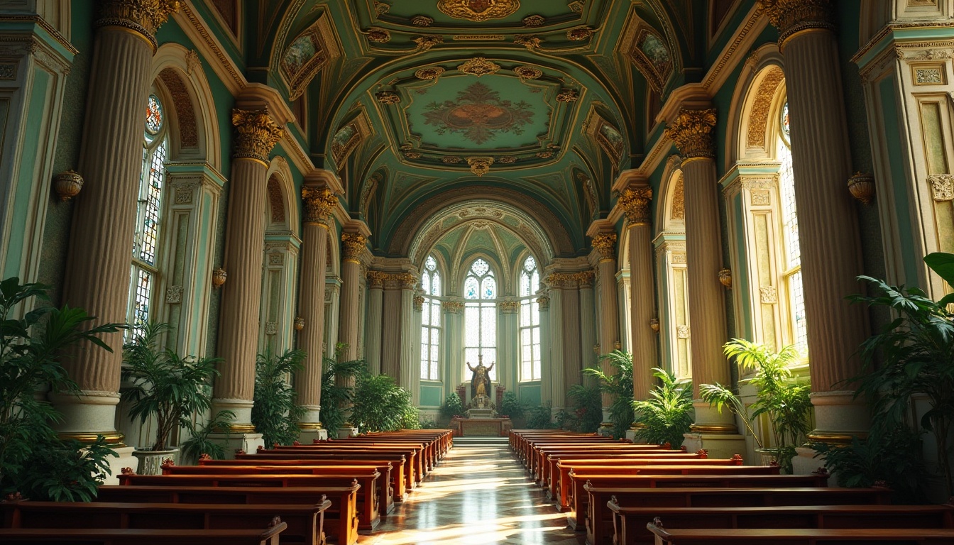 Prompt: Renaissance church interior, rich green hues, ornate frescoes, golden accents, intricate stone carvings, vaulted ceilings, grandiose architecture, natural light pouring through stained glass windows, lush foliage surrounding the building, serene atmosphere, warm soft lighting, shallow depth of field, 1/1 composition, realistic textures, ambient occlusion.