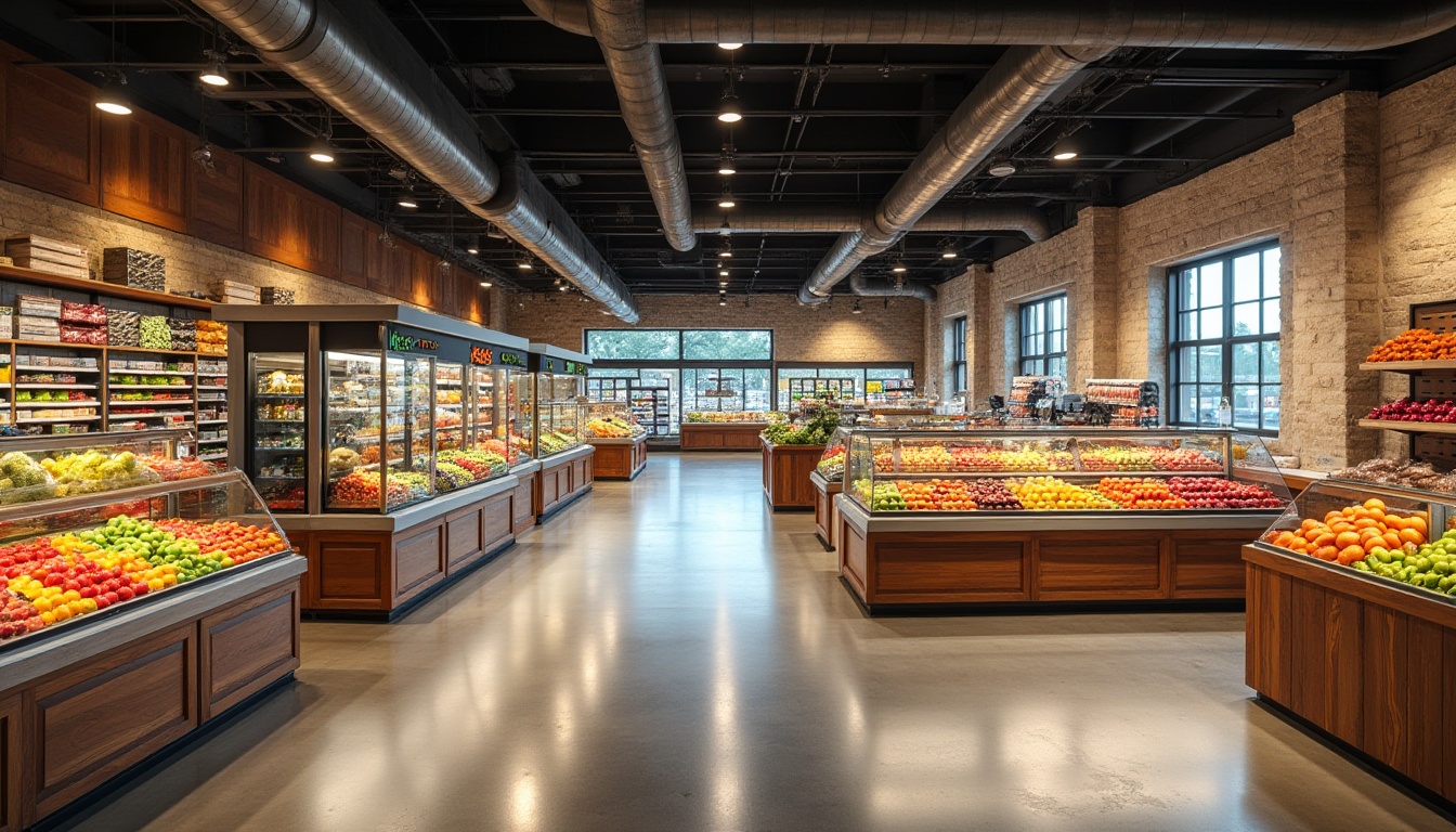 Prompt: Vibrant grocery store interior, polished concrete floors, rustic wooden shelves, modern LED lighting, fresh produce stands, colorful fruit displays, industrial-style refrigeration units, sleek metal beams, exposed ductwork, earthy tone color scheme, natural stone accents, reclaimed wood features, minimalist decor, ample natural light, 1/1 composition, softbox lighting, realistic textures, ambient occlusion.