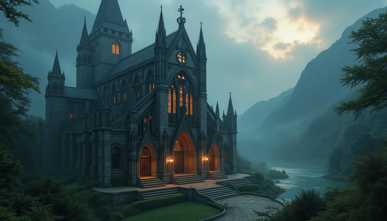 Prompt: Mysterious Gothic cathedral, majestic stone fa\u00e7ade, intricate carvings, stained glass windows, grandiose entrance, mystical atmosphere, surrounding lush greenery, misty fog, eerie twilight, dramatic cloud formations, rugged mountainous terrain, meandering rivers, serene lakeside, verdant forests, overgrown ruins, weathered stone walls, crumbling arches, ornate ironwork, mystical lanterns, soft warm lighting, high contrast shadows, 1/1 composition, symmetrical framing, cinematic depth of field.