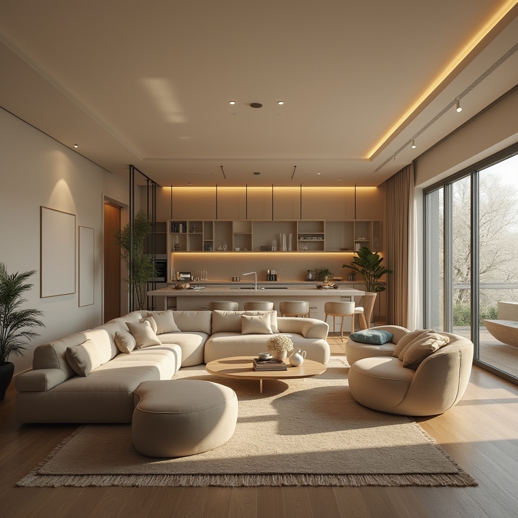 Prompt: Cozy living room, minimalist furniture, soft beige walls, dark wood flooring, comfortable sofas, sleek coffee tables, modern LED lighting, floor-to-ceiling windows, natural ventilation, open-plan kitchen, ergonomic workstations, ample storage spaces, clutter-free shelves, calming color schemes, warm ambiance, subtle textures, 1/1 composition, softbox lighting, realistic reflections.