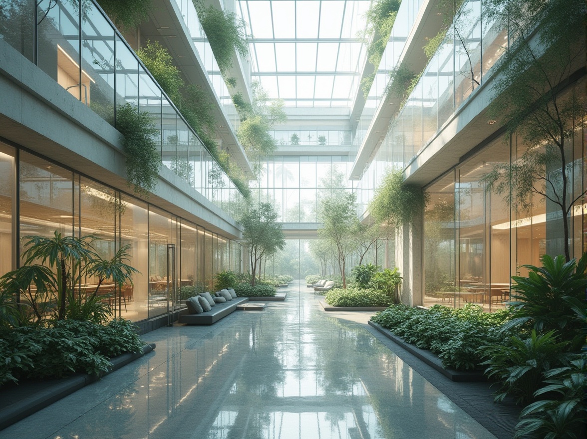 Prompt: Transparent glass facades, minimalist metal frames, open-plan interiors, airy atriums, natural light pouring, reflective surfaces, sleek lines, modern simplicity, sustainable materials, eco-friendly roofs, green walls, abundant ventilation, misting systems, shallow depth of field, 3/4 composition, panoramic view, realistic textures, ambient occlusion.