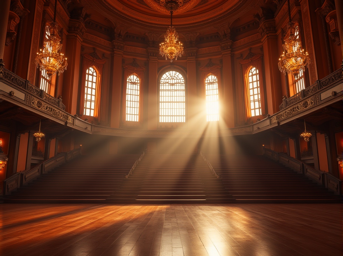 Prompt: Grand concert hall, ornate chandeliers, velvet curtains, tiered seating, polished wooden floors, high ceilings, large windows, natural light pouring in, warm sunbeams, soft diffused lighting, afternoon ambiance, subtle shadows, 1/1 composition, shallow depth of field, realistic textures, ambient occlusion.