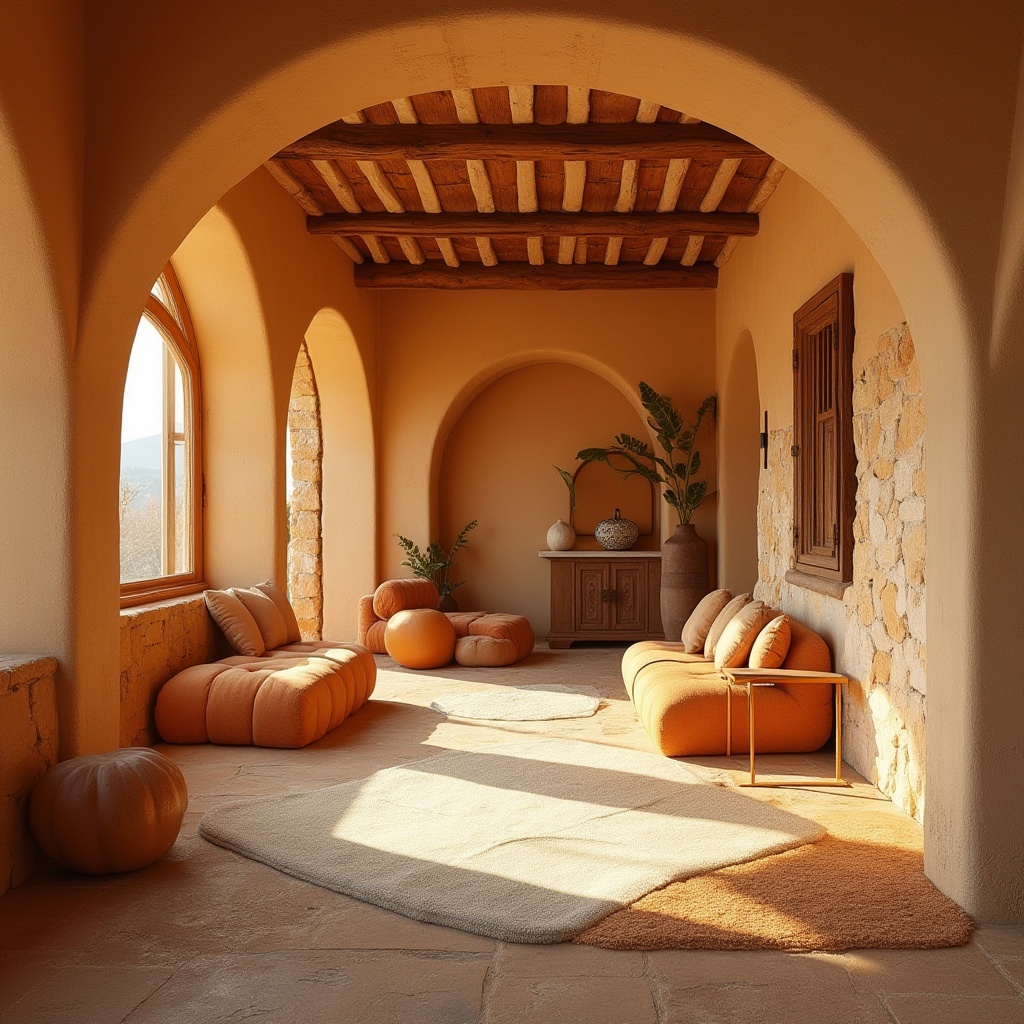 Prompt: Warm persimmon hues, earthy tones, rustic textures, natural stone walls, wooden accents, cozy nooks, soft warm lighting, autumnal atmosphere, organic shapes, curved lines, whimsical details, playful patterns, inviting entrances, comfortable seating areas, plush furnishings, rich wood grains, creamy whites, golden yellows, burnt oranges, terracotta reds, Mediterranean-inspired architecture, rustic modern design, sunny day, shallow depth of field, 3/4 composition, panoramic view, realistic textures, ambient occlusion.