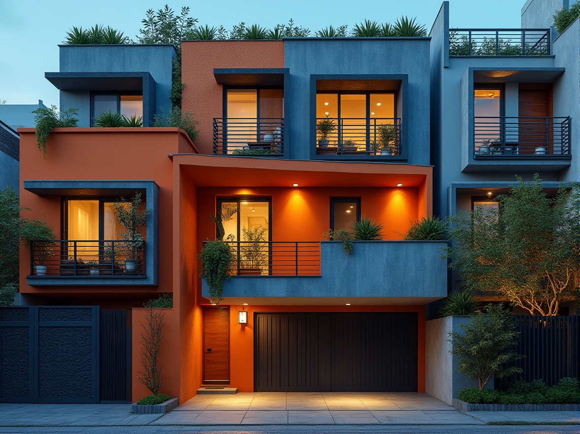 Prompt: Vibrant housing facade, expressive architectural forms, bold color blocking, irregular shapes, dynamic angular lines, textured concrete walls, cantilevered balconies, oversized windows, minimalist doorways, industrial metal accents, abstract patterned screens, lush green roofs, urban cityscape backdrop, dramatic nighttime lighting, high-contrast shading, cinematic composition, atmospheric perspective, stylized architectural details, eclectic material palette.