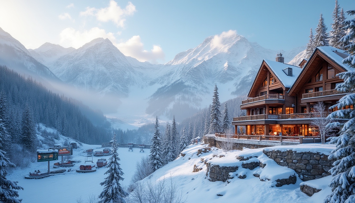 Prompt: Snow-capped mountains, powdery snow, frozen lakes, ski lifts, chairlifts, gondolas, ski slopes, mountainous terrain, rustic wooden buildings, modern ski center architecture, large glass windows, steel frames, warm lighting, cozy fireplaces, comfortable seating areas, wooden accents, stone walls, snowy trees, frozen waterfalls, misty mornings, soft natural light, shallow depth of field, 2/3 composition, panoramic view, realistic textures, ambient occlusion.