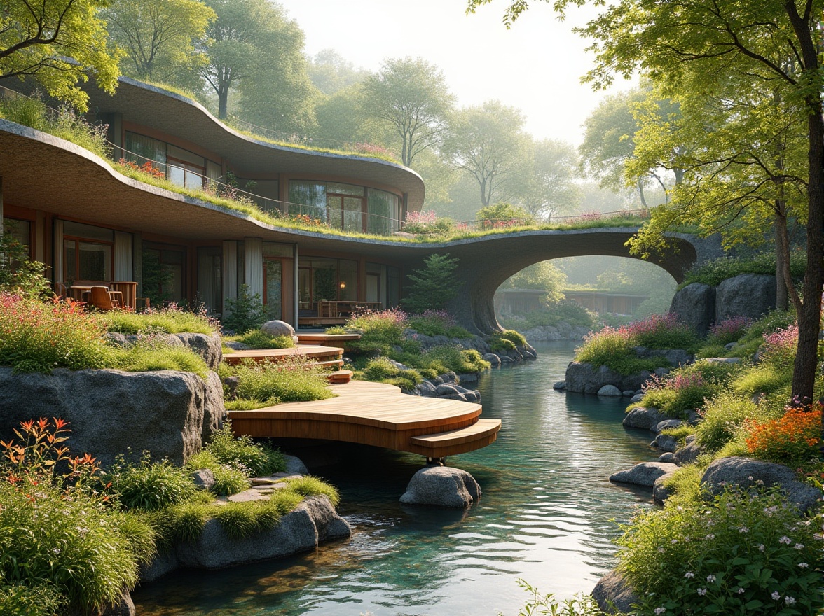 Prompt: Harmonious landscape integration, curved green roofs, native wildflowers, meandering stone pathways, wooden deck bridges, serene water features, natural rock formations, organic architecture, earthy tones, blended boundaries, seamless transitions, lush vegetation, vibrant colorful blooms, warm sunny days, soft diffused lighting, atmospheric perspective, 3/4 composition, panoramic views, realistic textures, ambient occlusion.