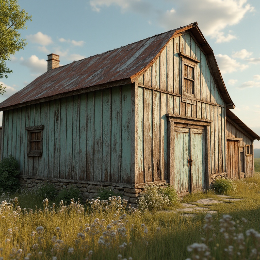 Prompt: Rustic barn, weathered wood planks, earthy tones, warm beige, soft sage, muted turquoise, vintage metal accents, distressed textures, natural stone foundations, overgrown wildflowers, sunny afternoon, warm golden light, shallow depth of field, 1/1 composition, realistic rustic materials, ambient occlusion.