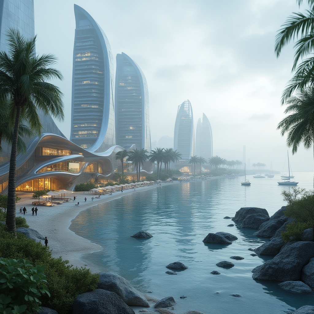 Prompt: Futuristic waterfront, sleek glass towers, cantilevered balconies, undulating wave-inspired architecture, modern minimalist design, LED lighting installations, misty mornings, reflective water surfaces, sailboats and yachts, seaside promenades, lush greenery, vibrant tropical plants, warm sandy beaches, shallow waters, 1/1 composition, soft focus, atmospheric perspective, realistic reflections, ambient occlusion.