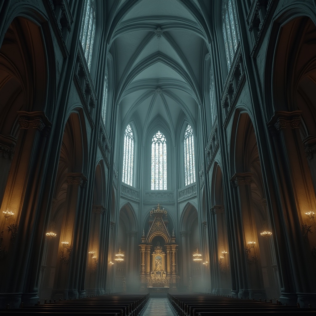 Prompt: Soaring cathedral ceilings, grandiose vaulted arches, ribbed stone columns, towering vertical lines, mysterious dim lighting, intricate carvings, ornate stained glass windows, majestic altarpieces, holy sculptures, solemn atmosphere, dramatic shadows, atmospheric mist, high-contrast illumination, 1/2 composition, symmetrical framing, detailed textures, cinematic mood.